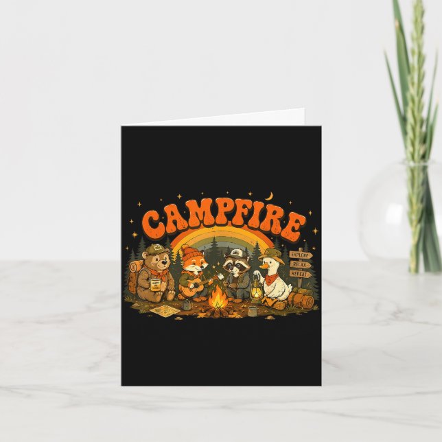 Camping djur lägereld campare äventyr utomhus kort (Framsida)