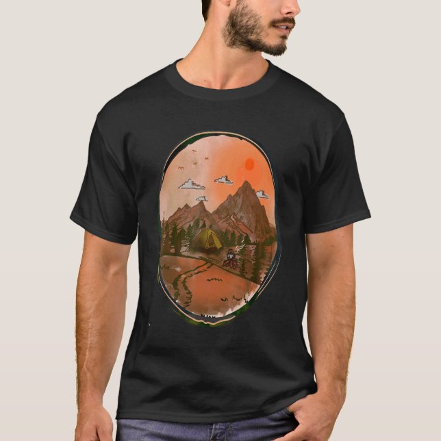 Camping Exdoor Retro Sunset Mountains Scene T Shirt (Framsida)
