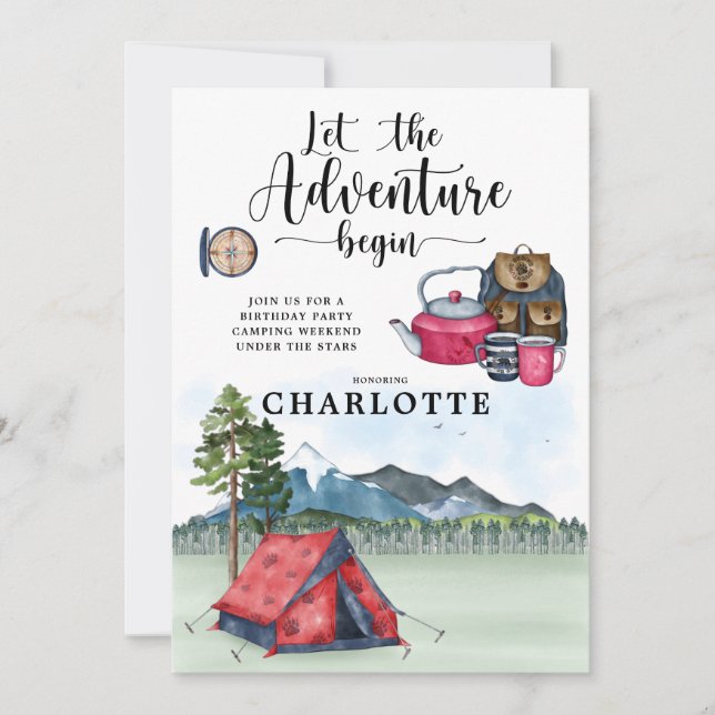 Camping Födelsedagsfest Girl's Helg-inbjudan Inbjudningar (Framsida)