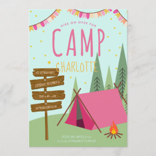 Camping Födelsedagsfest inbjudan Rosa Grönt