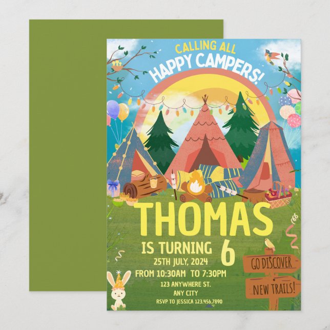 Camping Födelsedagsfest modern Children-inbjudan Inbjudningar (Fram/baksida)
