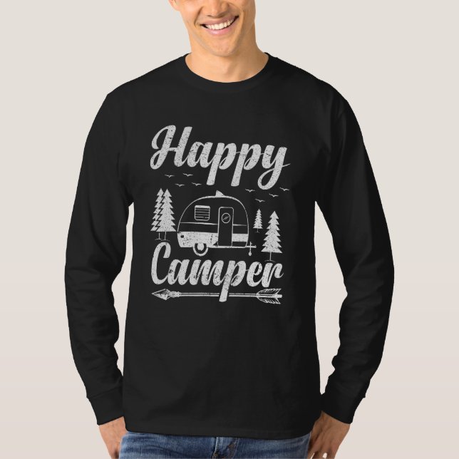 Camping for Hikers Happy Camper Distressed Style T Shirt (Framsida)