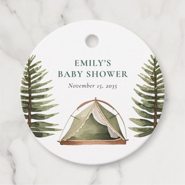 Camping Forest Watercolor Baby Shower Gåvor Etiketter (Framsida)