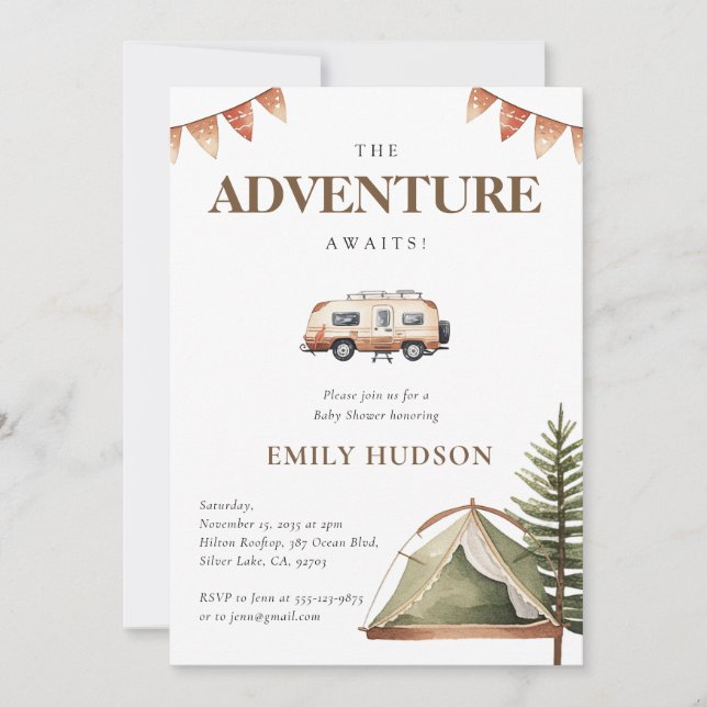 Camping Forest Watercolor Baby Shower-inbjudan Inbjudningar (Framsida)