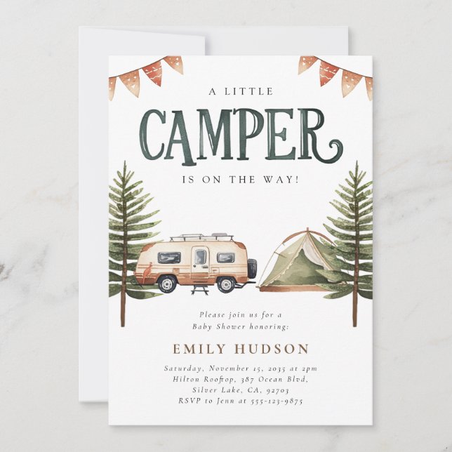 Camping Forest Watercolor Baby Shower Inbjudningar (Framsida)