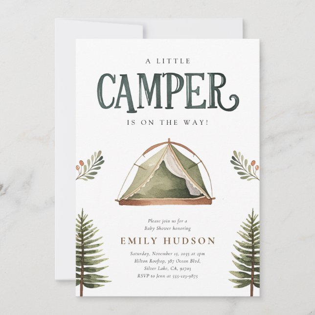 Camping Forest Watercolor Baby Shower Inbjudningar (Framsida)