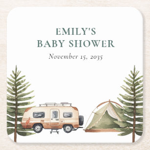 Camping Forest Watercolor Baby Shower Underlägg Papper Kvadrat