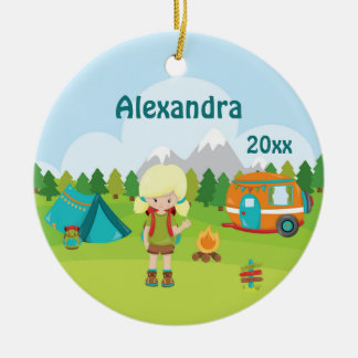 Camping Girl Fire Camper Tält ryggpack Blonde Julgransprydnad Keramik