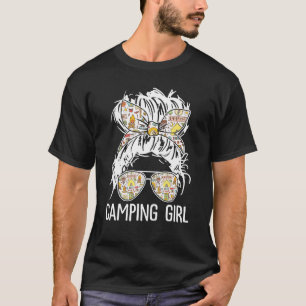 Camping Girl Messy Hair in Bun Sunglasses Bandana T Shirt