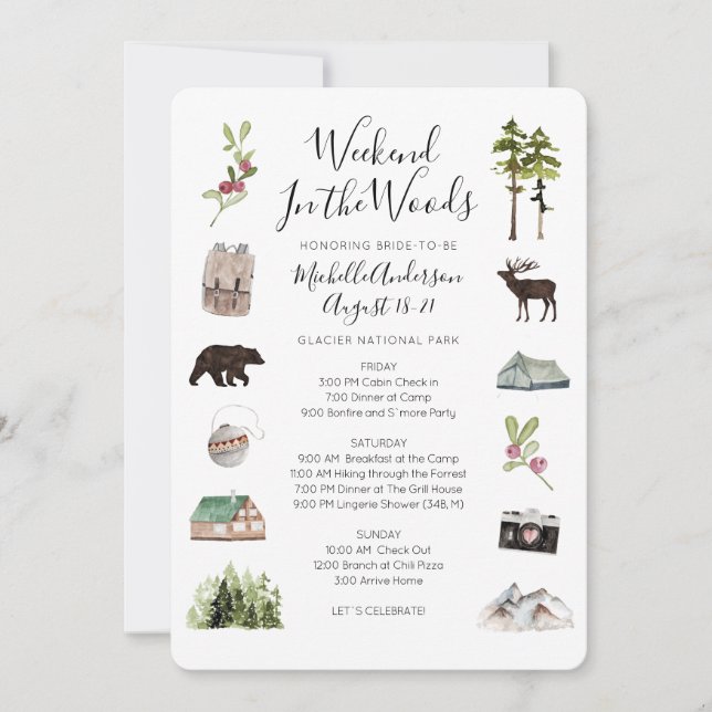 Camping Glamping Bachelorette Helg Itinerary I Inbjudningar (Framsida)