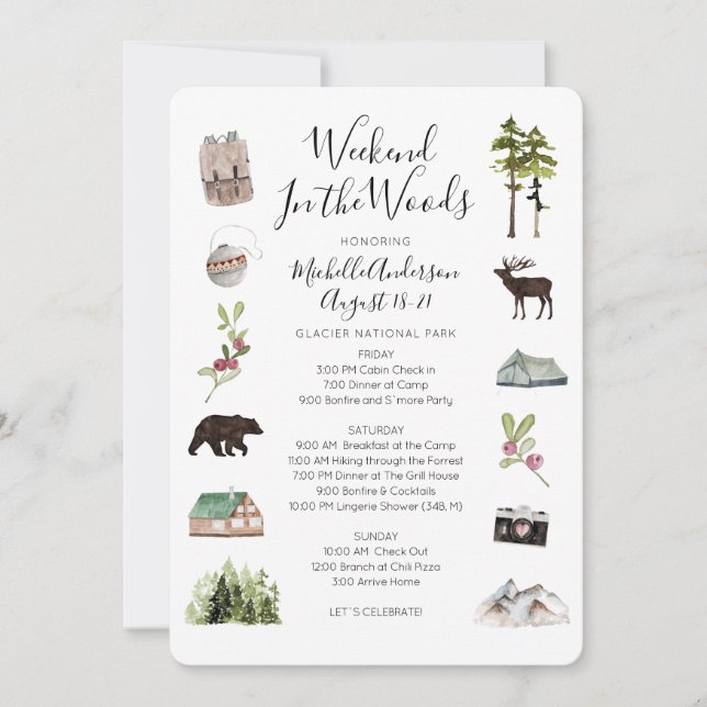 Camping Glamping Bachelorette Helg Itinerary Inbjudningar (Framsida)