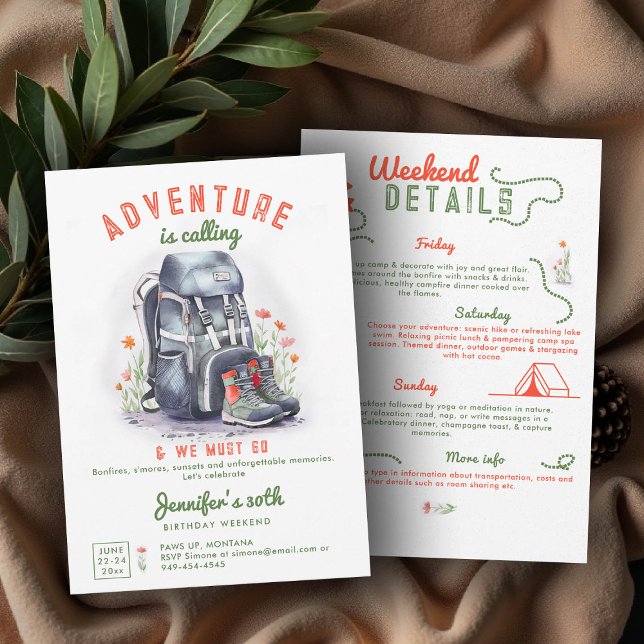Camping Glamping Camp 3 dagar 30års födelsedag Hel Inbjudningar (camping 30th birthday invitation glamping colorful backpack watercolor hiking weekend itinerary)