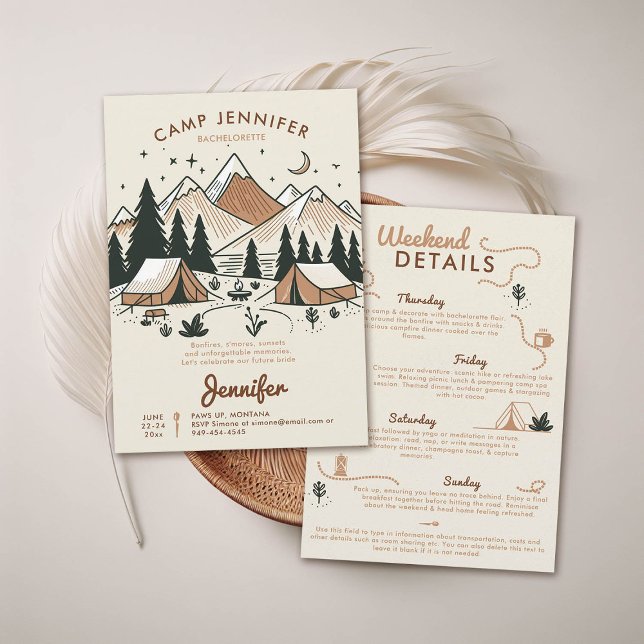 Camping Glamping Camp Earthy Bachelorette Party Inbjudningar (camping bachelorette weekend trip itinerary modern minimalist camp bride bridesmaids mountains earth)
