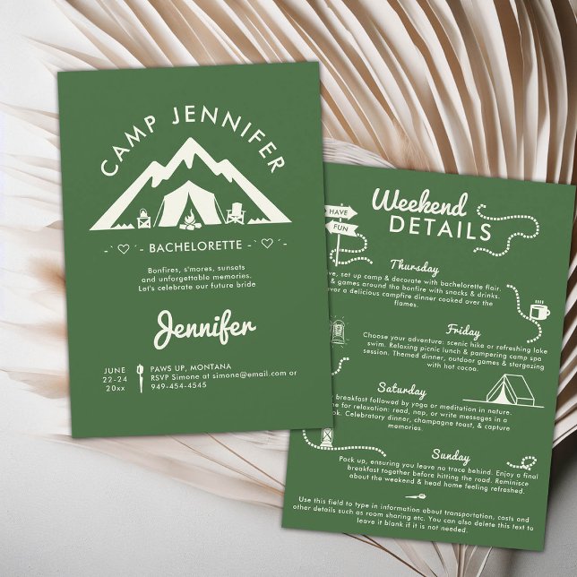 Camping Glamping Camp Grönt Bachelorette Party Inbjudningar (camping bachelorette weekend trip itinerary modern minimalist camp bride bridesmaids mountain forest)