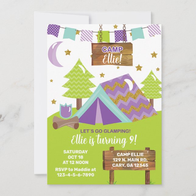 Camping Glamping Girl-födelsedagsinbjudan. Inbjudningar (Framsida)