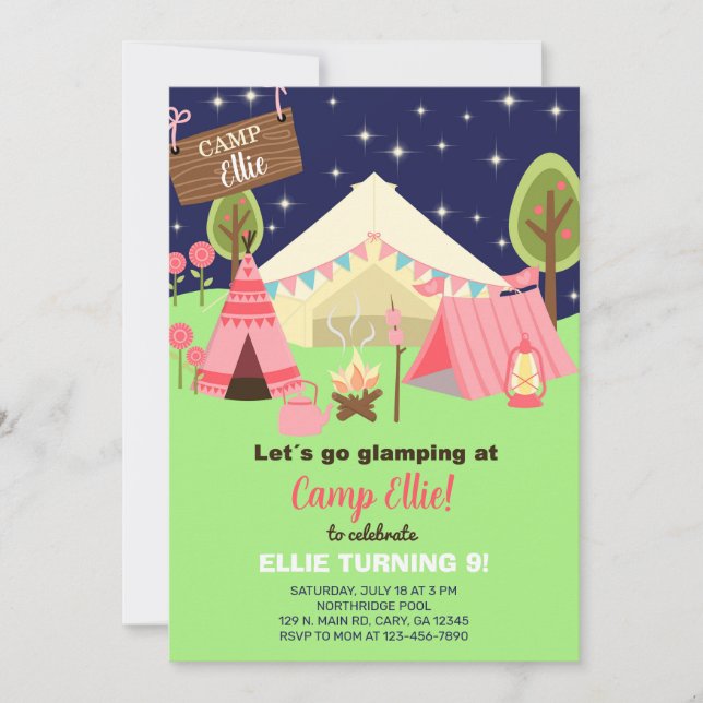 Camping Glamping Girl-födelsedagsinbjudan. Inbjudningar (Framsida)