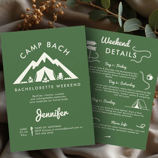Camping Glamping Grönt 3 Days Bachelorette Party Inbjudningar (camping bachelorette itinerary camp bach green glamping 3 days elegant modern chic)
