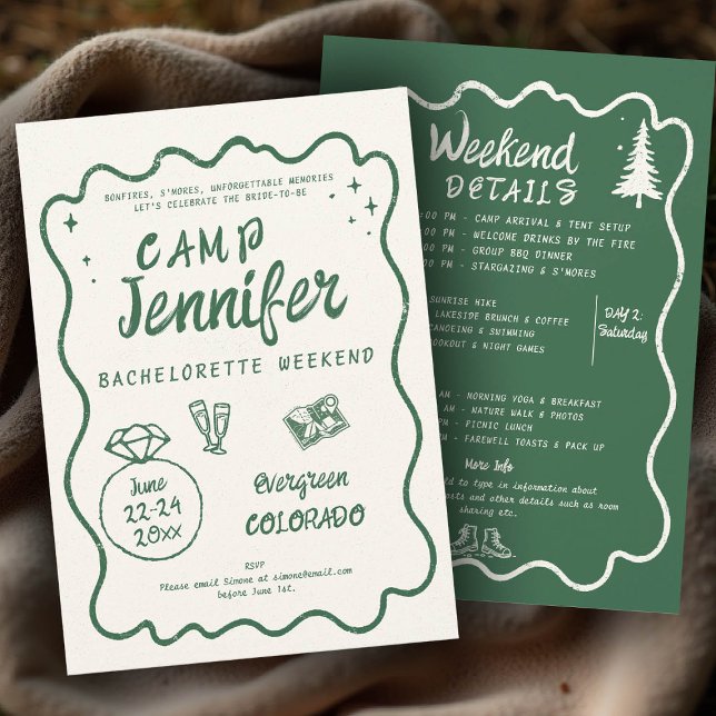Camping Hand plockade Grönt Bach Bachelorette Part Inbjudningar (camp bachelorette invitation handwriting hand written camping glamping hiking itinerary bach green)