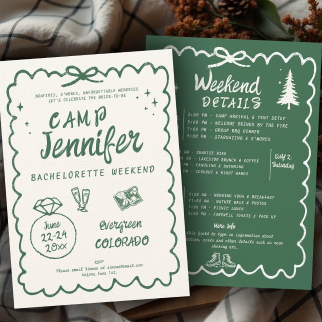 Camping Hand plockade Grönt Bow Bachelorette Party Inbjudningar (camp bachelorette invitation handwriting hand written camping glamping hiking itinerary bach bow)