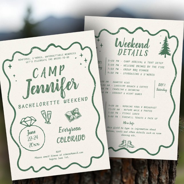Camping Hand plockade Ram Grönt Bachelorette Party Inbjudningar (camp bachelorette invitation handwriting hand written camping glamping hiking itinerary bach)