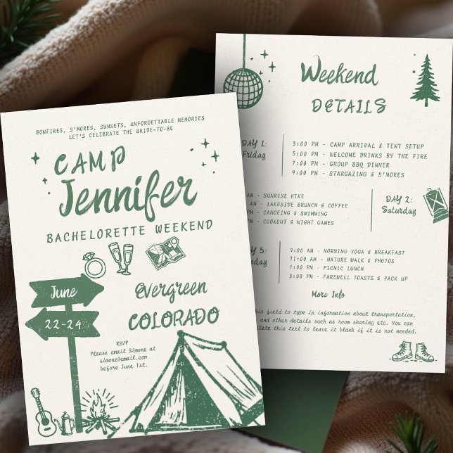 Camping Hand-Write Camp Grönt Bachelorette Party Inbjudningar (camp bachelorette invitation handwriting hand written itinerary camping glamping hiking nature bach)