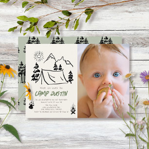 Camping Handdragen Tält Photo Boy 1st Birthday Inbjudningar