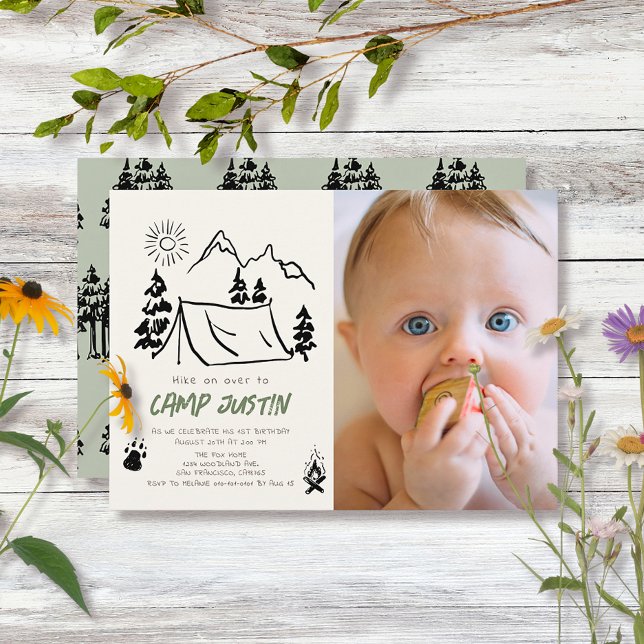 Camping Handdragen Tält Photo Boy 1st Birthday Inbjudningar (Skapare uppladdad)