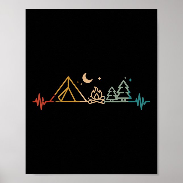 Camping Heartbeat Tent Campfire Trees Camper Men W Poster (Framsidan)
