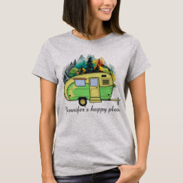 Camping, husvagn, skog, lycklig ställe t shirt