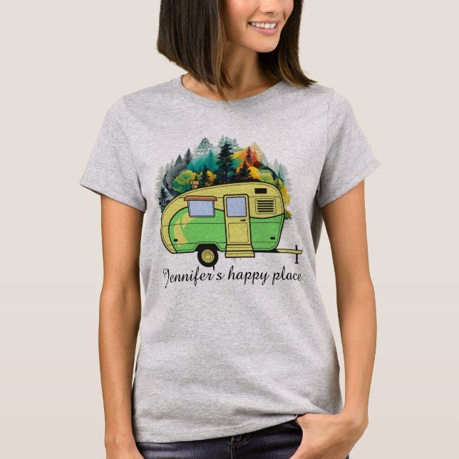 Camping, husvagn, skog, lycklig ställe t shirt (Framsida)
