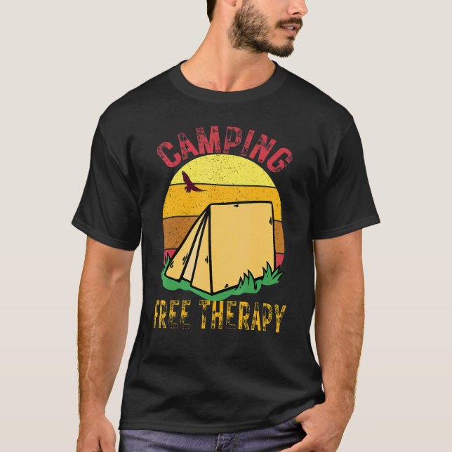 Camping is Free Therapy Wilderness Forest Sunset T Shirt (Framsida)