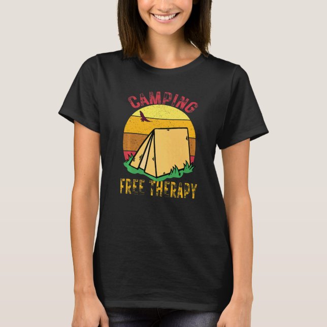 Camping is Free Therapy Wilderness Forest Sunset T Shirt (Framsida)