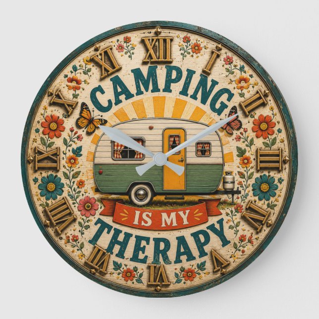 Camping Is My Therapy Floral Camping Gift  Stor Klocka (Framsida)