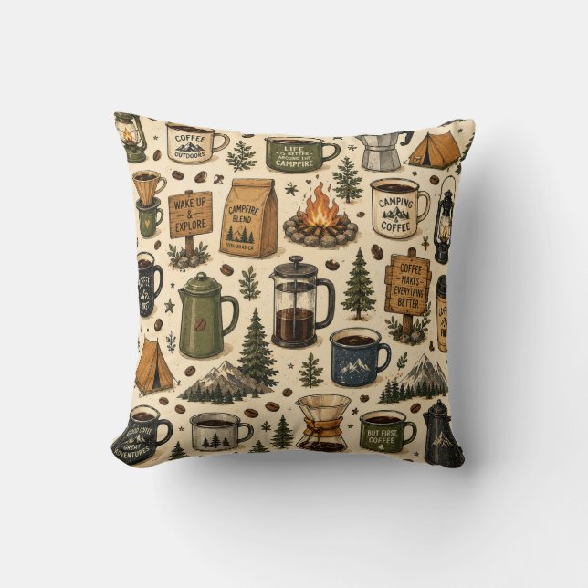 Camping kaffe vintage sömlöst mönster kudde (Framsida)