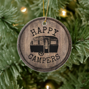 Camping Life Lycklig Campers Rustic Wood Julgransprydnad Keramik
