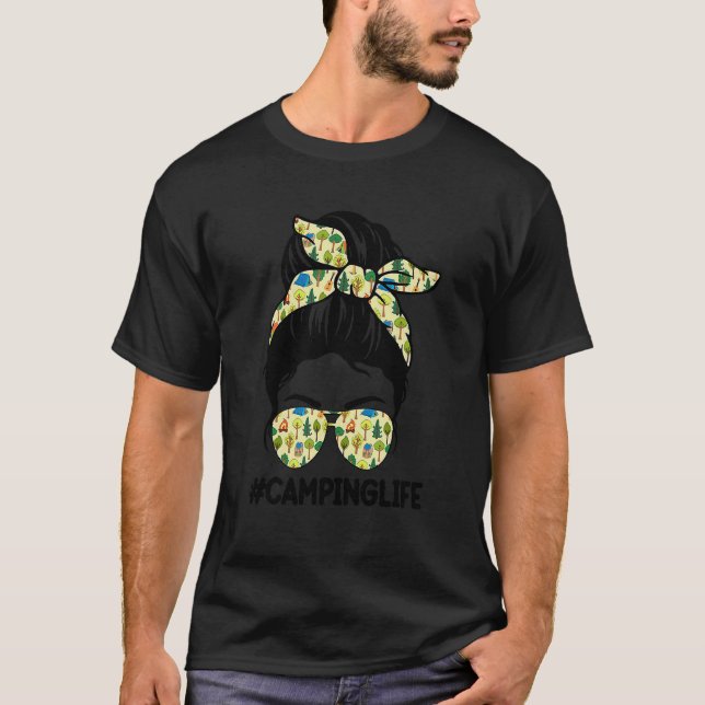 Camping Life Messy Bun Hair Mors dag Camping T Shirt (Framsida)
