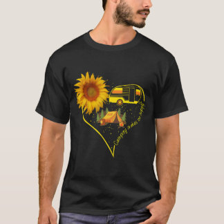 Camping Makes Me Happy Heart Sunflower friends T Shirt