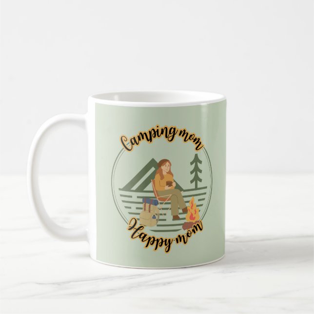 Camping mamma lycklig mamma, mamma-kamper bredvid  kaffemugg (Vänster)