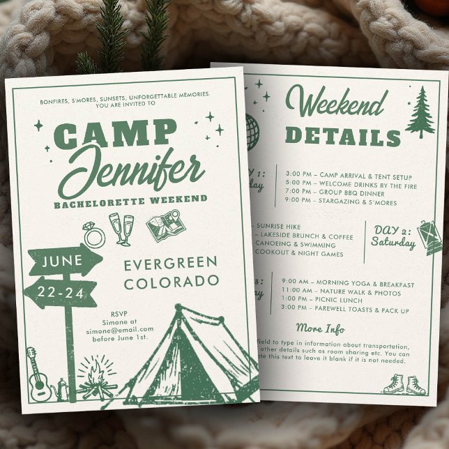 Camping Mountains Grönt Camp Bachelorette Party Inbjudningar (camp bachelorette invitation itinerary camping glamping hiking mountain nature bach modern handdrawn)