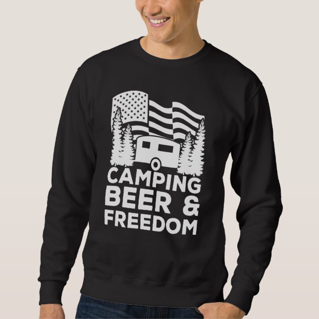 Camping Öl Frihet Juli 4 Amerikansk Flagga Läger Lång Ärmad Tröja (Framsida)