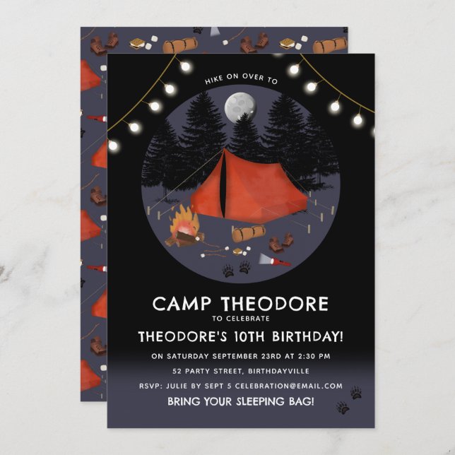 Camping Outdoor Äventyr Campfire Födelsedagsfest Inbjudningar (Fram/baksida)