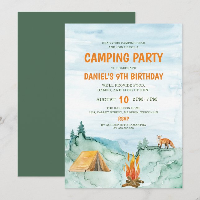 Camping Party Woodland Watercolor Tält Birthday Inbjudningar (Fram/baksida)