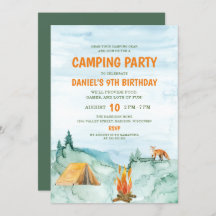 Camping Party Woodland Watercolor Tält Birthday