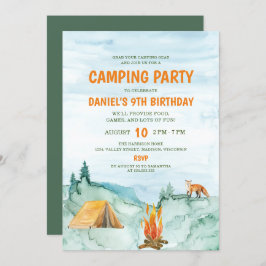 Camping Party Woodland Watercolor Tält Birthday Inbjudningar