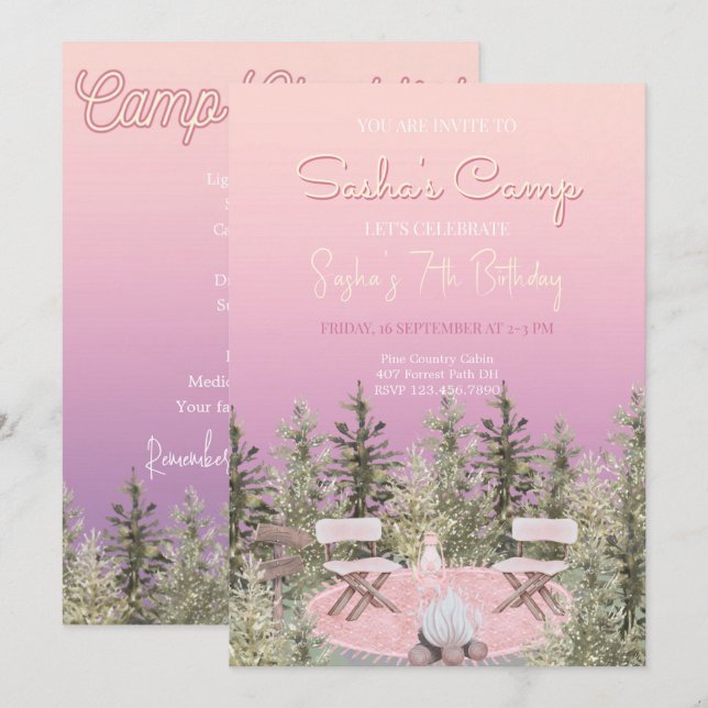 Camping Picnic Forest Girl Birthday-inbjudan Inbjudningar (Fram/baksida)