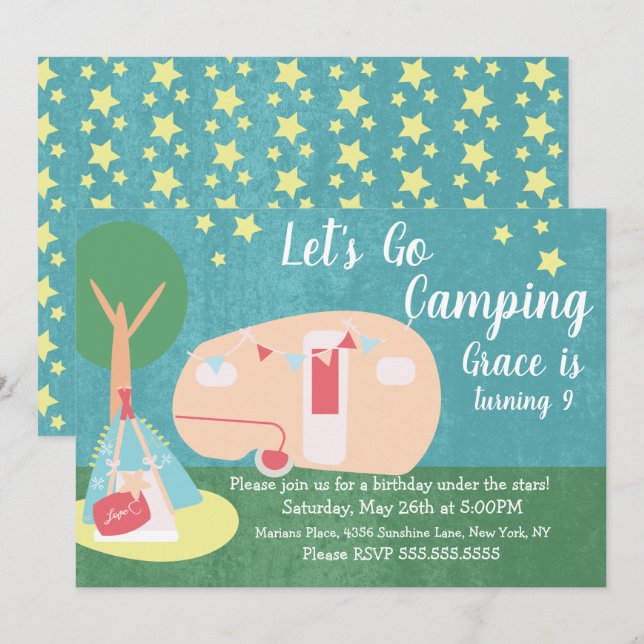 Camping Retro Party Stjärnor Natt Födelsedagsinbju Inbjudningar (Fram/baksida)