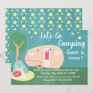 Camping Retro Party Stjärnor Natt Födelsedagsinbju Inbjudningar