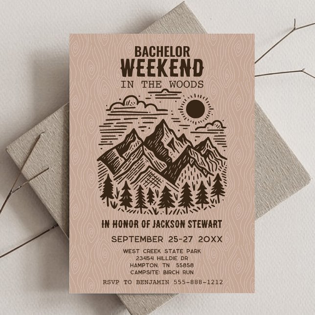 Camping Sällskapsfest Inbjudningar (Camping Bachelor Party Invitation with Modern Mountains)