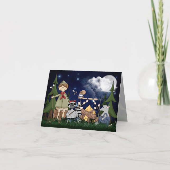 Camping Scout Boy med Raccoon och Opossum Kort (Framsida)