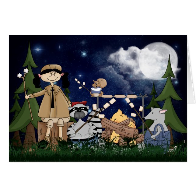 Camping Scout Girl med Raccoon och Opossum OBS Kort (Framsidan Horizontal)